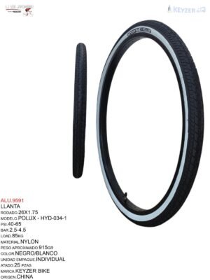LLANTA 26X1.75 NEGRO/BLANCO KEYZER BIKE KYZ-034MODELO SILVER