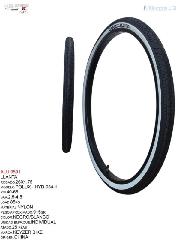 LLANTA 26X1.75 NEGRO/BLANCO KEYZER BIKE KYZ-034MODELO SILVER
