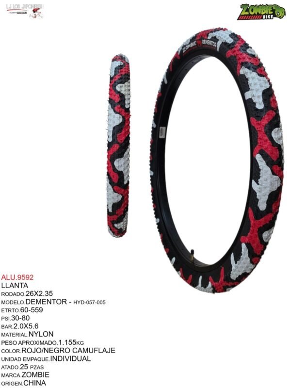 LLANTA 26X2.35/2.40 ROJO CAMUFLAJE ZOMBIE ZB-057 BIKE MODELO DEMENTOR