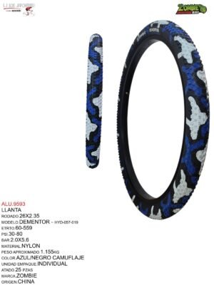 LLANTA 26X2.35/2.40 AZUL CAMUFLAJE ZOMBIE ZB-057 BIKE MODELO DEMENTOR