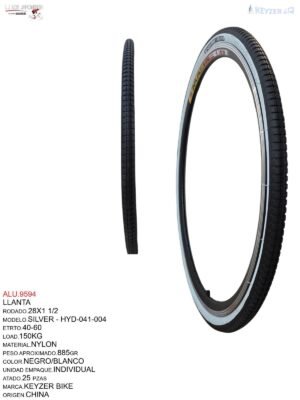 LLANTA 28X1 1/2 NEGRO/BLANCO KEYZER BIKE  KYZ-041 MODELO SILVER