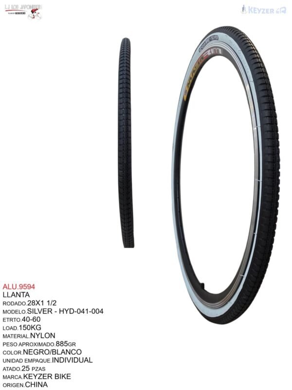 LLANTA 28X1 1/2 NEGRO/BLANCO KEYZER BIKE  KYZ-041 MODELO SILVER