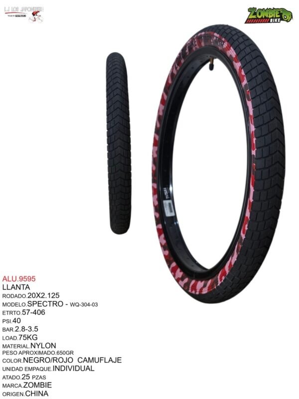LLANTA 20X2.125 NEGRO/ROJO CAMUFLAJE ZOMBIE BIKE  ZB-025 MODELO SPECTRO