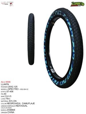 LLANTA 20X2.125 NEGRO/AZUL CAMUFLAJE ZOMBIE BIKE ZB-025 MODELO SPECTRO