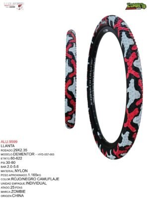 LLANTA 29X2.35/2.40 ROJO CAMUFLAJE ZOMBIE BIKE MZB-057 MODELO DEMENTOR