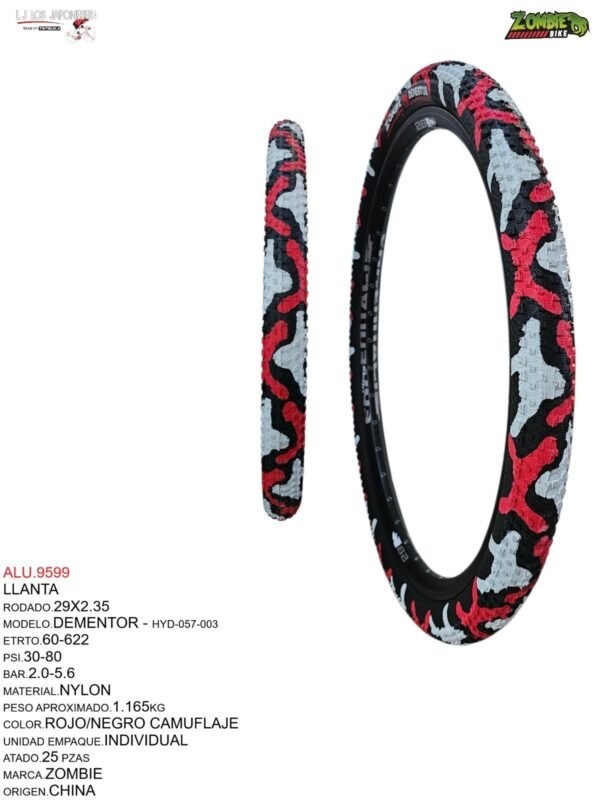 LLANTA 29X2.35/2.40 ROJO CAMUFLAJE ZOMBIE BIKE MZB-057 MODELO DEMENTOR