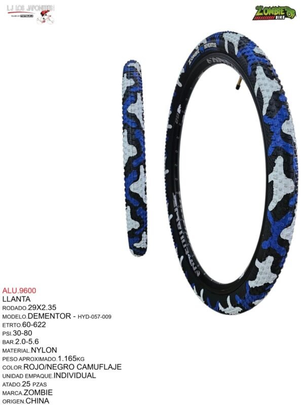 LLANTA 29X2.35/2.40 AZUL CAMUFLAJE ZOMBIE BIKE ZB-057 MODELO DEMENTOR