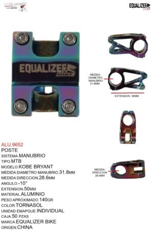 ALU.9652 POSTE DE MANUBRIO MTB 31.8X40MM +10 ALUMINIO TORNASOL MODELO KOBE BRYANT EQUALIZER BIKE