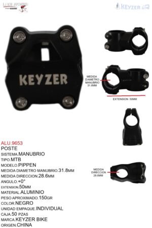 ALU.9653 POSTE DE MANUBRIO MTB KYZ-7635 NEGRO ALUMINIO 31.8 X 55MM MODELO PIPPEN KEYZER BIKE