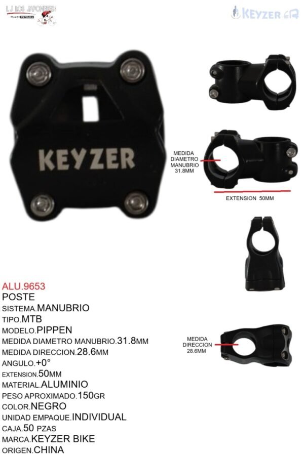 POSTE DE MANUBRIO MTB KYZ-7635  NEGRO ALUMINIO 31.8 X 55MM  MODELO PIPPEN    KEYZER BIKE