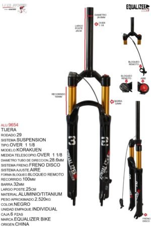 ALU.9654 TIJERA 29 SUSPENSION AIRE ALUMINIO FRENO DISCO BLOQUEO REMOTO MODELO KORAKUEN TITANIUM NEGRO PR-A30-HRLO-AIR NEGRO MODELO AKIHABARA MARCA EQUALIZER BIKE