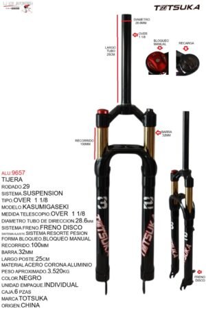 ALU.9657 TIJERA 29 SUSPENSION HIDRAULICO OVER FRENO DISCO C/CORONA ALUMINIO C/BLOQUEO MANUAL HIDRAULICO PR-X80J-AL-HLO NEGRO MODELO KASUMIGASEKI MARCA TOTSUKA