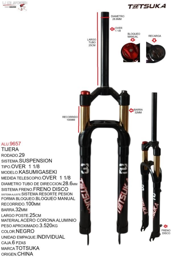 TIJERA 29 SUSPENSION HIDRAULICO OVER FRENO DISCO C/CORONA ALUMINIO C/BLOQUEO MANUAL HIDRAULICO  PR-X80J-AL-HLO NEGRO MODELO KASUMIGASEKI  MARCA TOTSUKA