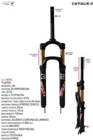 ALU.9658 TIJERA 26 SUSPENSION STD 20CMS TUBO POR 10 ROSCA FRENO DISCO C/CORONA ALUMINIO GD-U38SD-AL NEGRO MODELO YOTSUYA MARCA TOTSUKA