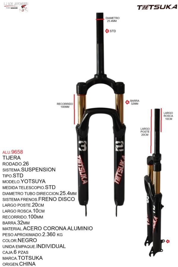 TIJERA 26 SUSPENSION STD 20CMS TUBO POR 10 ROSCA FRENO DISCO C/CORONA ALUMINIO GD-U38SD-AL  NEGRO MODELO YOTSUYA MARCA TOTSUKA