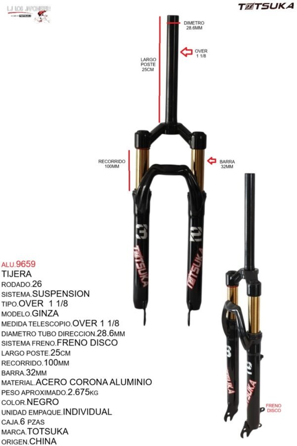 TIJERA 26 SUSPENSION OVER FRENO DISCO C/CORONA ALUMINIO GD-U38SD-AL NEGRO MODELO GINZA MARCA TOTSUKA