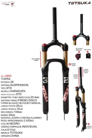 ALU.9660 TIJERA 26 SUSPENSION STD 20CMS TUBO POR 10 ROSCA FRENO DISCO C/CORONA ALUMINIO C/BLOQUEO MANUAL GD-U38SD-AL-K NEGRO MODELO KAMIYACHO MARCA TOTSUKA