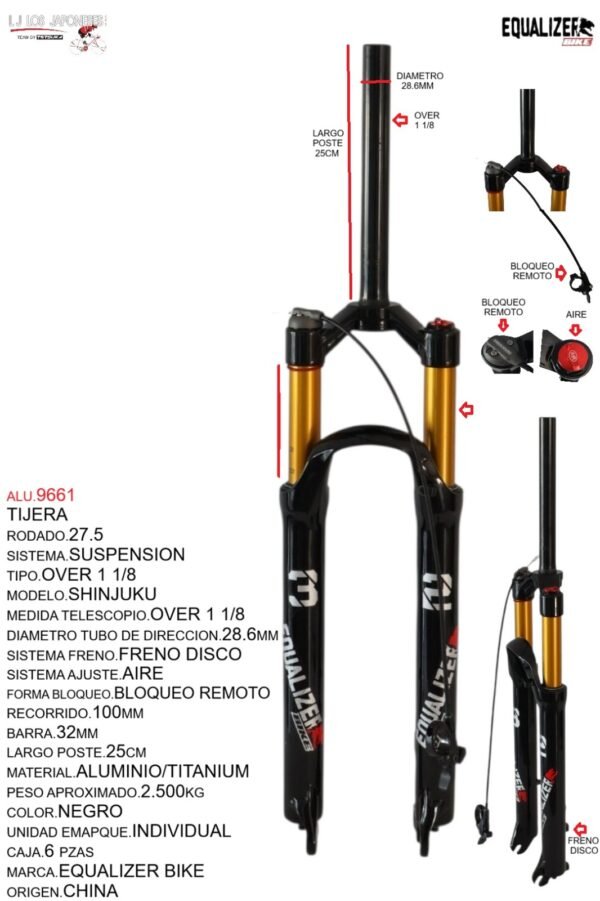 TIJERA 27.5 SUSPENSION AIRE ALUMINIO FRENO DISCO BLOQUEO REMOTO MODELO  SHINJUKU  TITANIUM NEGRO  PR-A30-HRLO-AIR NEGRO MARCA EQUALIZER BIKE