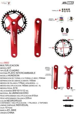 ALU.9662 MULTIPLICACION 34T 170MM ALUMINIO/ACERO ROJO ANODIZADO E.C. MODELO HUNDSON ATL BIKE