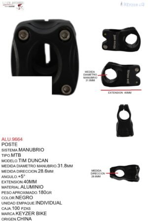 ALU.9664 POSTE DE MANUBRIO MTB KYZ-WH35 31.8X40MM NEGRO MODELO TIM DUNCAN MARCA KEYZER BIKE