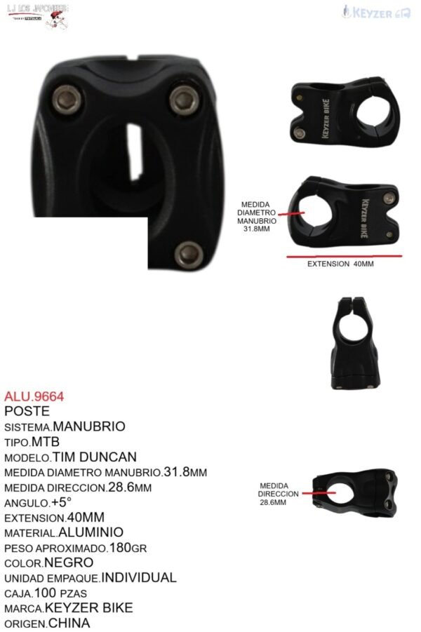 POSTE DE MANUBRIO MTB KYZ-WH35 31.8X40MM NEGRO MODELO  TIM DUNCAN MARCA KEYZER BIKE