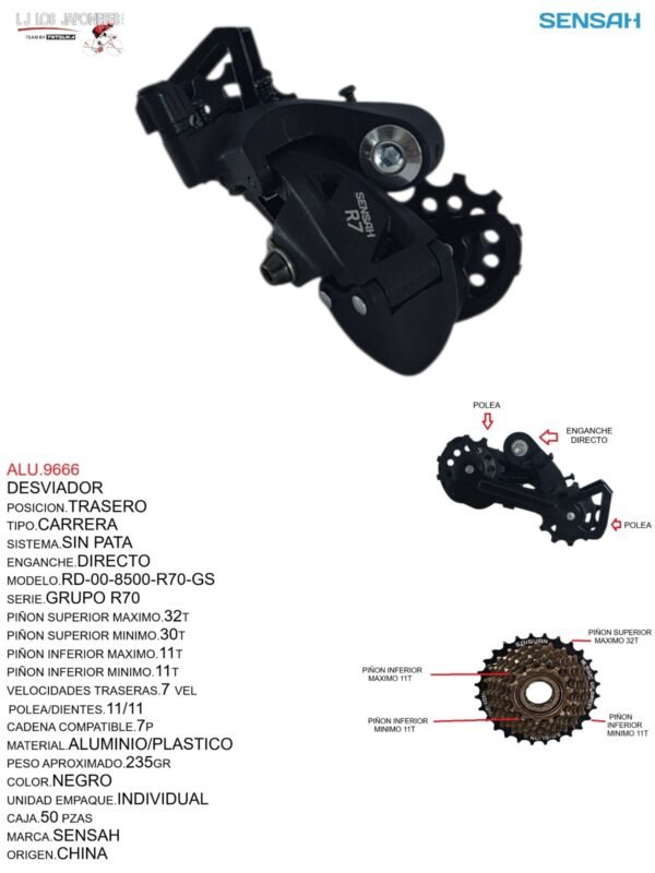 DESVIADOR TRASERO RUTA S/P 7P  MOD.RD-00-8500-R70-GS SENSAH GRUPO R70
