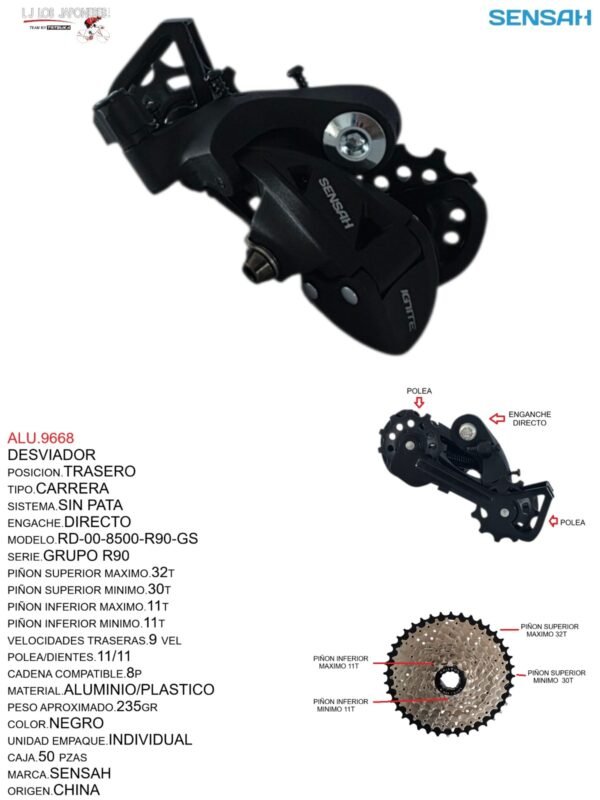 DESVIADOR TRASERO RUTA S/P 9P  MOD.RD-00-8500-R90-GS SENSAH GRUPO R90