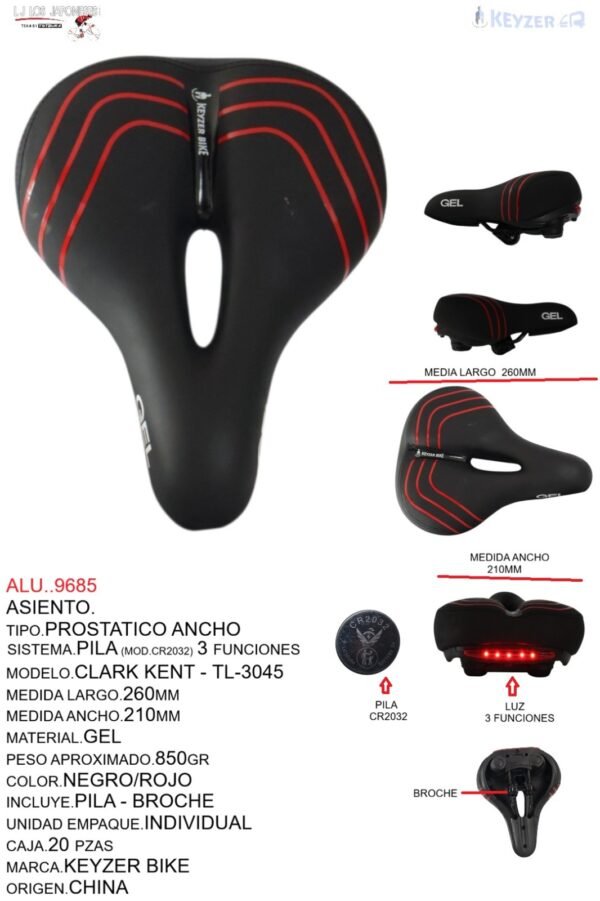 ASIENTO C/LUZ RECARGABLE C/GEL C/BROCHE  MODELO CLARK KENT TL-3045 MARCA KEYZER BIKE