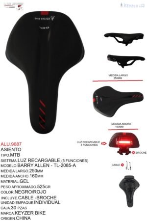 ASIENTO C/LUZ RECARGABLE C/GEL C/BROCHE  MODELO  BARRY ALLEN TL-2085-A  MARCA KEYZER BIKE