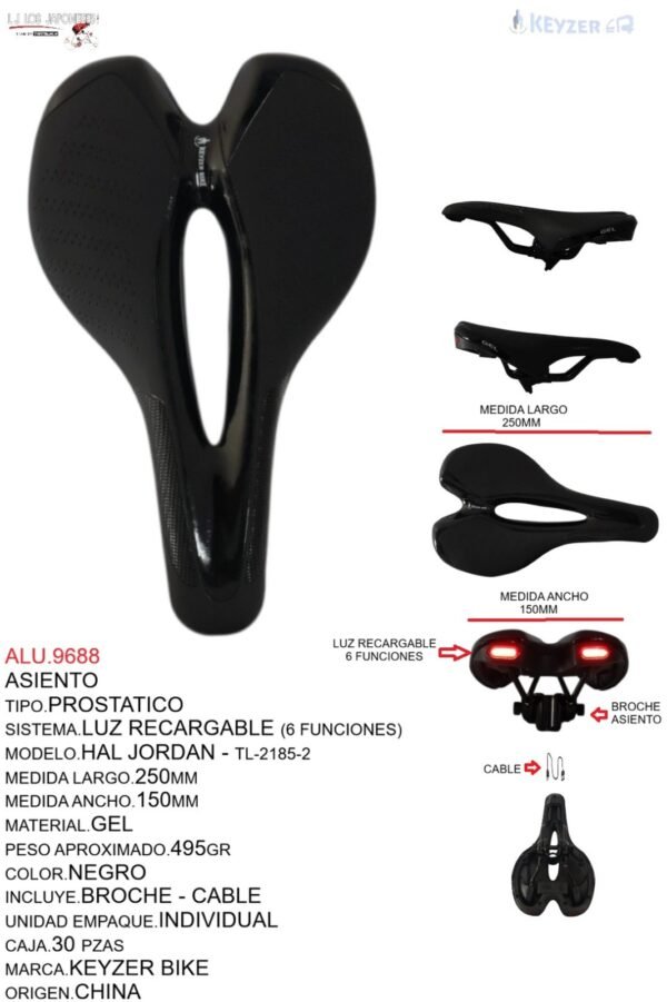 ASIENTO C/LUZ RECARGABLE C/GEL C/BROCHE  MODELO HAL JORDAN TL-2185-2 MARCA KEYZER BIKE