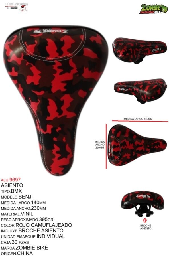 ASIENTO BMX  MODELO  BENJI PRICE MARCA ZOMBIE  BIKE ROJO CAMUFLAJEADO