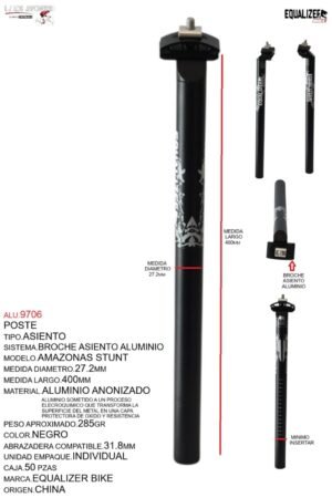 ALU.9706 POSTE ASIENTO 27.2 ALUMINIO 400MM NEGRO ANODIZADO C/BROCHE MARCA KEYZER MODELO AMAZONAS STUNT