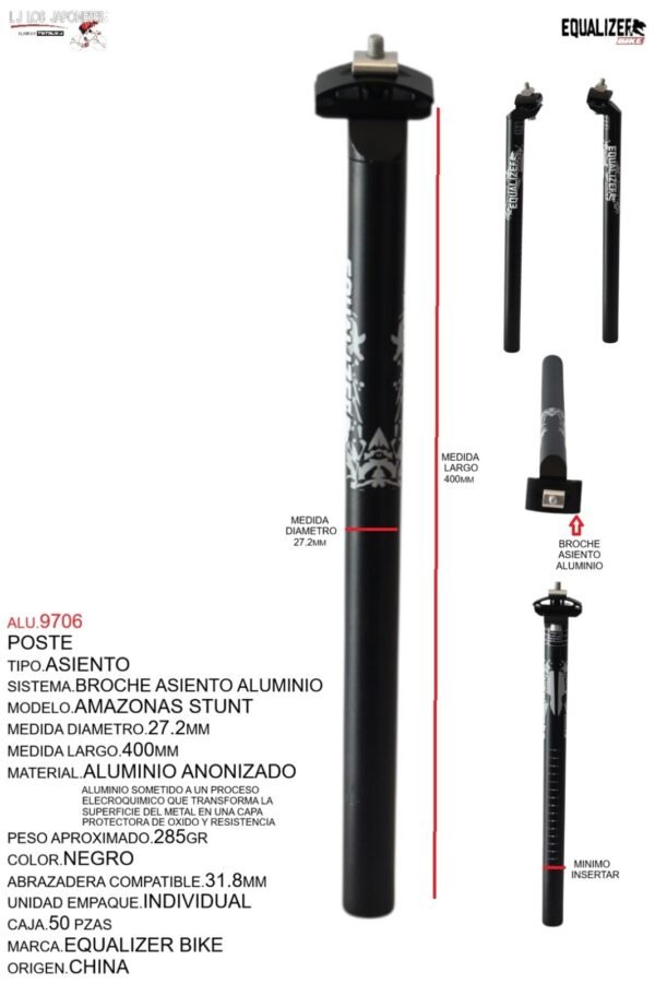 POSTE ASIENTO 27.2 ALUMINIO 400MM NEGRO ANODIZADO C/BROCHE MARCA KEYZER MODELO  AMAZONAS STUNT