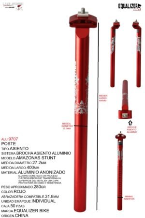 ALU.9707 POSTE ASIENTO 27.2 ALUMINIO 400MM ROJO ANODIZADO C/BROCHE MARCA KEYZER MODELO AMAZONAS STUNT