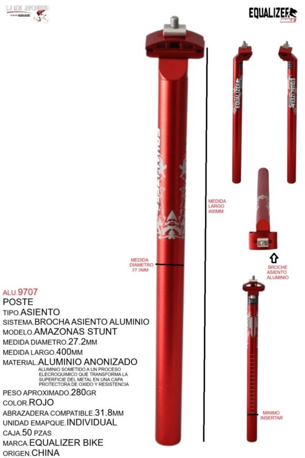 POSTE ASIENTO 27.2 ALUMINIO 400MM ROJO ANODIZADO C/BROCHE MARCA KEYZER MODELO  AMAZONAS STUNT