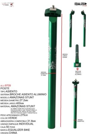 ALU.9709 POSTE ASIENTO 27.2 ALUMINIO 400MM VERDE ANODIZADO C/BROCHE MARCA KEYZER MODELO AMAZONAS STUNT