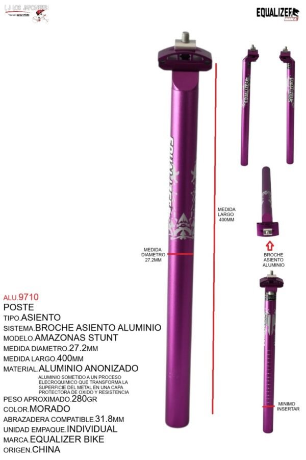POSTE ASIENTO 27.2 ALUMINIO 400MM MORADO ANODIZADO C/BROCHE MARCA KEYZER MODELO  AMAZONAS STUNT
