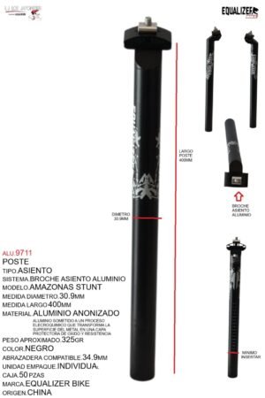 ALU.9711 POSTE ASIENTO 30.9 ALUMINIO 400MM NEGRO ANODIZADO C/BROCHE MARCA KEYZER MODELO AMAZONAS STUNT