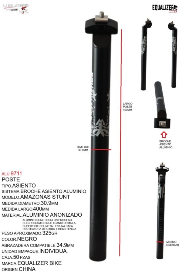 POSTE ASIENTO 30.9 ALUMINIO 400MM NEGRO ANODIZADO C/BROCHE MARCA KEYZER MODELO AMAZONAS STUNT