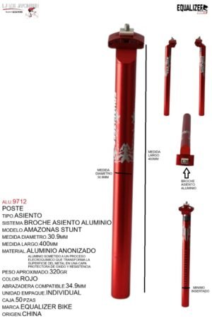 ALU.9712 POSTE ASIENTO 30.9 ALUMINIO 400MM ROJO ANODIZADO C/BROCHE MARCA KEYZER MODELO AMAZONAS STUNT