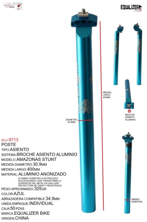 POSTE ASIENTO 30.9 ALUMINIO 400MM AZUL ANODIZADO C/BROCHE MARCA KEYZER MODELO AMAZONAS STUNT