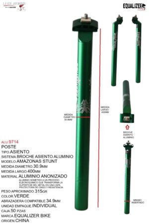 ALU.9714 POSTE ASIENTO 30.9 ALUMINIO 400MM VERDE ANODIZADO C/BROCHE MARCA KEYZER MODELO AMAZONAS STUNT