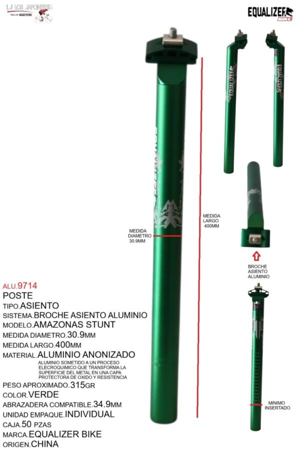 POSTE ASIENTO 30.9 ALUMINIO 400MM VERDE  ANODIZADO C/BROCHE MARCA KEYZER MODELO AMAZONAS STUNT