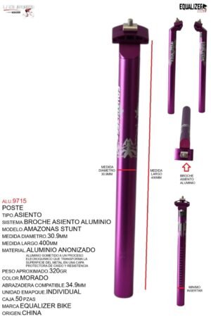ALU.9715 POSTE ASIENTO 30.9 ALUMINIO 400MM MORADO ANODIZADO C/BROCHE MARCA KEYZER MODELO AMAZONAS STUNT