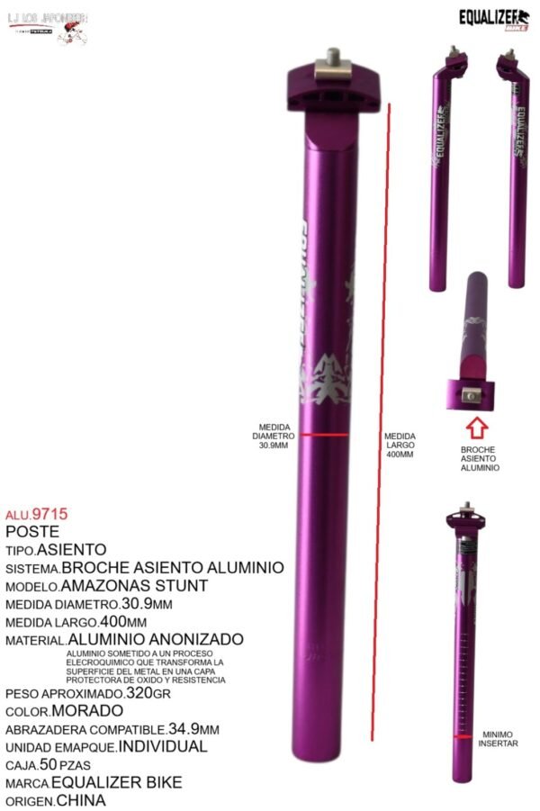 POSTE ASIENTO 30.9 ALUMINIO 400MM MORADO  ANODIZADO C/BROCHE MARCA KEYZER MODELO AMAZONAS STUNT
