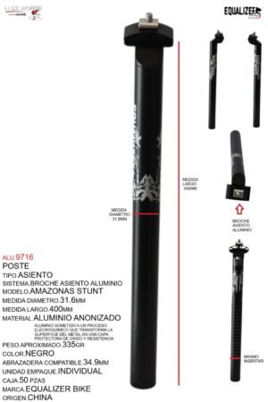 ALU.9716 POSTE ASIENTO 31.6 ALUMINIO 400MM NEGRO ANODIZADO C/BROCHE MARCA KEYZER MODELO AMAZONAS STUNT