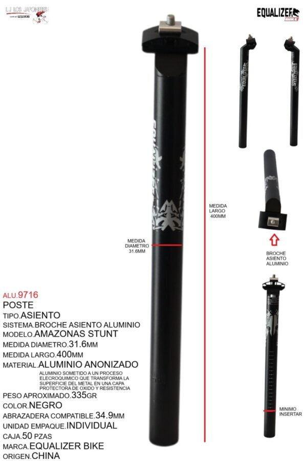 POSTE ASIENTO 31.6  ALUMINIO 400MM NEGRO ANODIZADO C/BROCHE MARCA KEYZER MODELO AMAZONAS STUNT