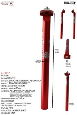 ALU.9717 POSTE ASIENTO 31.6 ALUMINIO 400MM ROJO ANODIZADO C/BROCHE MARCA KEYZER MODELO AMAZONAS STUNT