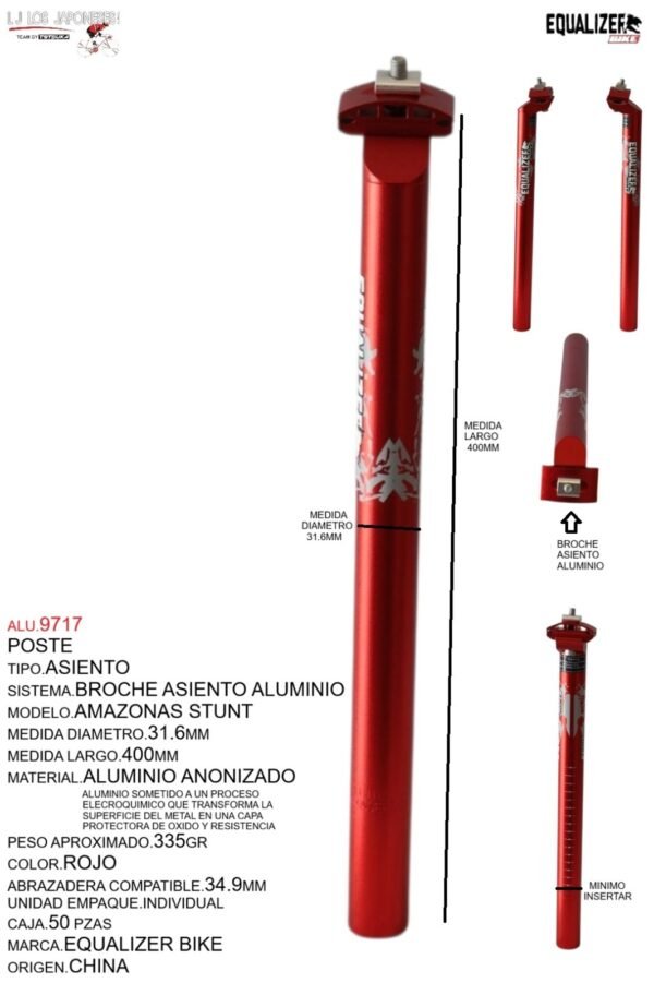 POSTE ASIENTO 31.6  ALUMINIO 400MM ROJO ANODIZADO C/BROCHE MARCA KEYZER MODELO AMAZONAS STUNT