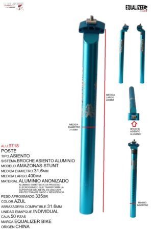 ALU.9718 POSTE ASIENTO 31.6 ALUMINIO 400MM AZUL ANODIZADO C/BROCHE MARCA KEYZER MODELO AMAZONAS STUNT